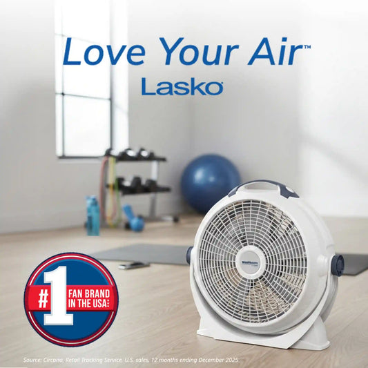Lasko Wind Machine® 20" Air Circulator Floor Fan (3-speed, manual, 360° airflow, light gray)