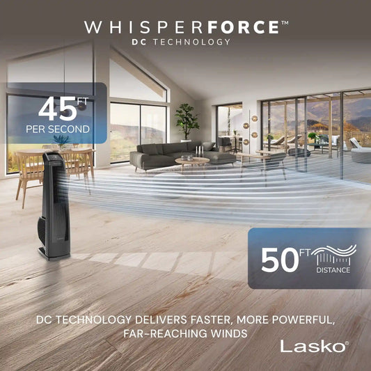 Lasko High Velocity WhisperForce™ DC 35" Tower Fan (9-speed, remote, timer, black)